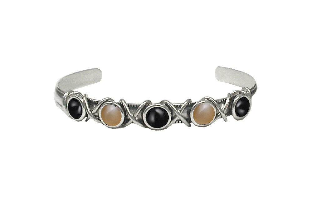 Sterling Silver Cuff Bracelet With Black Onyx And Peach Moonstone